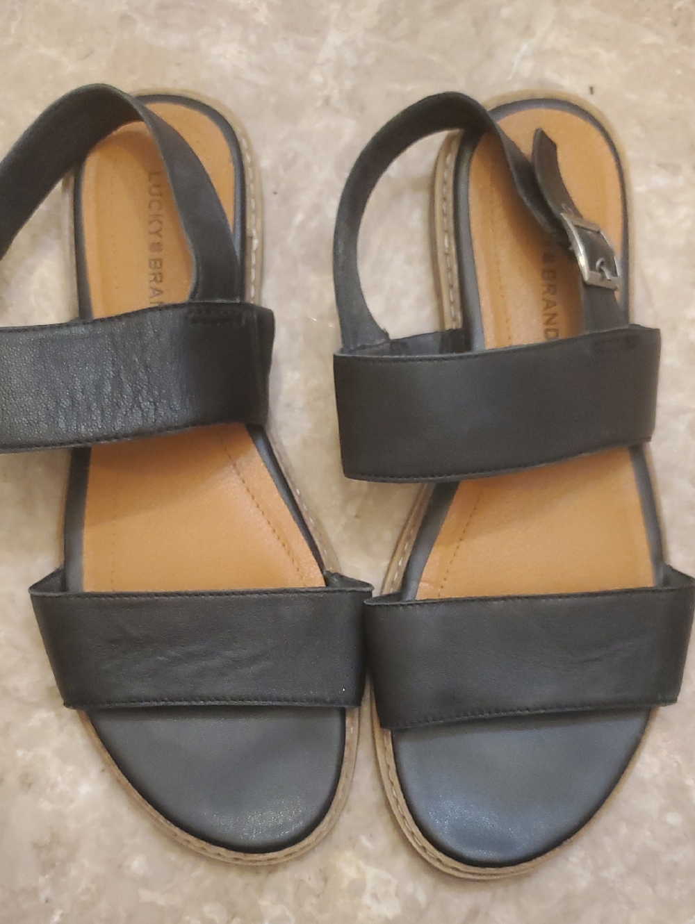 Lucky Brand Black Leather Kaimana Double-Strap Sandals Preppy S 8